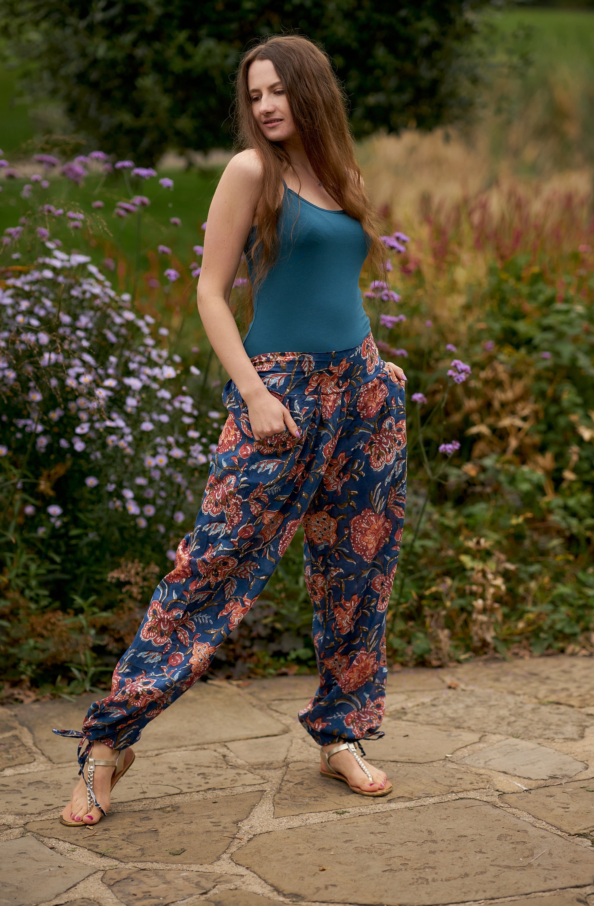 Mandara-Trousers/Pants,Side Pockets,Straight Line,Meditation,Lounge Wear,Relaxed Fit,Pure Cotton,Brown,Cream,Ethical Fashion,Bohemian,Floral