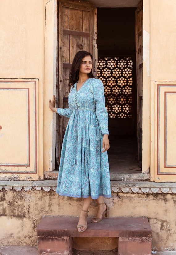 New Lynn-Bohemian Midi Dress New Lynn-bohemian Midi Dress,hand Block Printed  Cotton,casual,occasional,pure Cotton,handcrafted,ethical  Fashion,floral,blue,white - Etsy