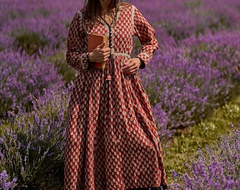 New Katie-Bohemian Midi Dress,Hand Block Printed Cotton,Casual,Occasional,Pure Cotton,Handcrafted,Ethical Fashion,Floral,Black,Cream,Red