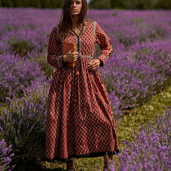 New Katie-Bohemian Midi Dress,Hand Block Printed Cotton,Casual,Occasional,Pure Cotton,Handcrafted,Ethical Fashion,Floral,Black,Cream,Red