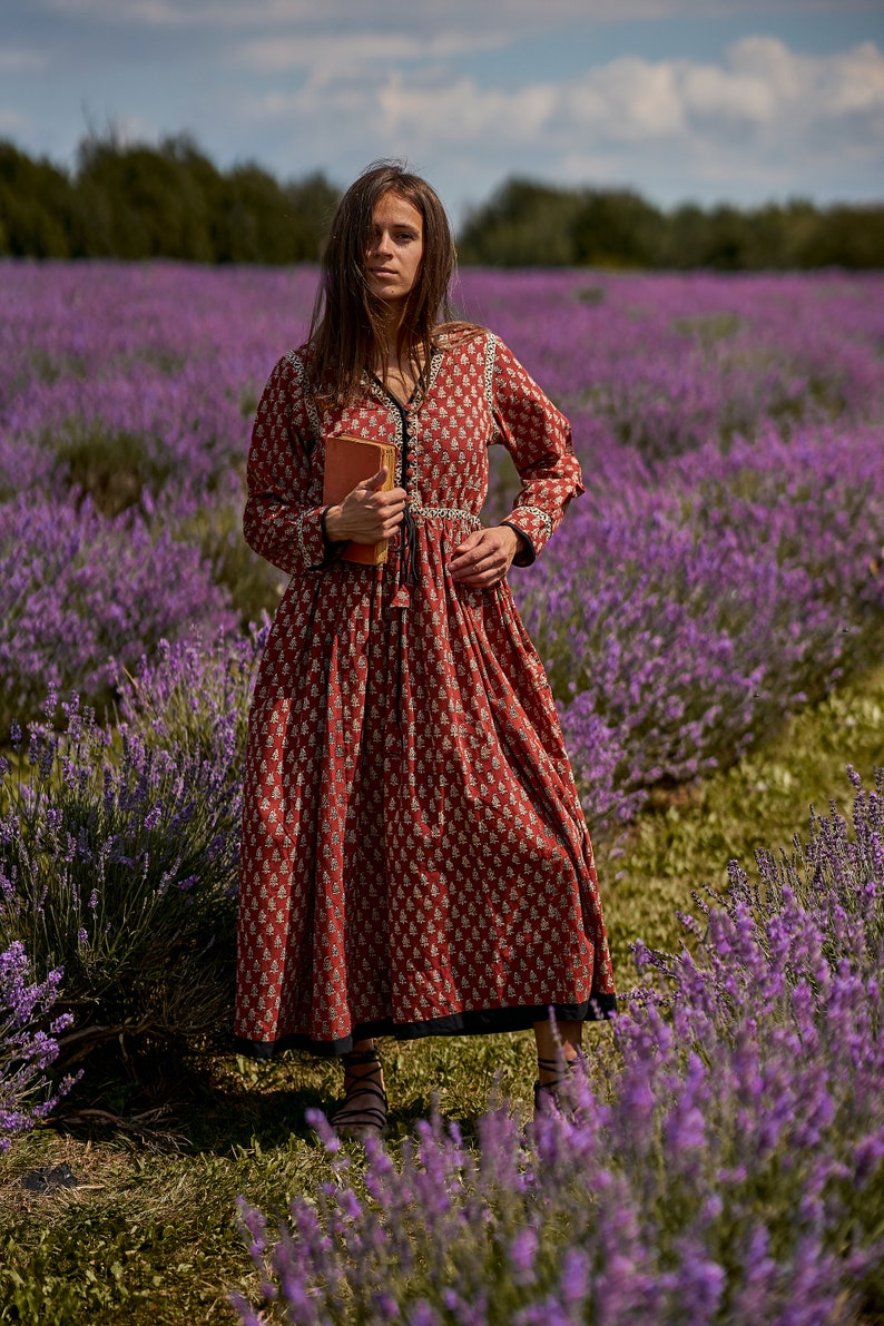 New Katie-Bohemian Midi Dress,Hand Block Printed Cotton,Casual,Occasional,Pure Cotton,Handcrafted,Ethical Fashion,Floral,Black,Cream,Red image 1