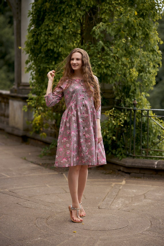 New Katie-bohemian Midi Dress,hand Block Printed Cotton,casual