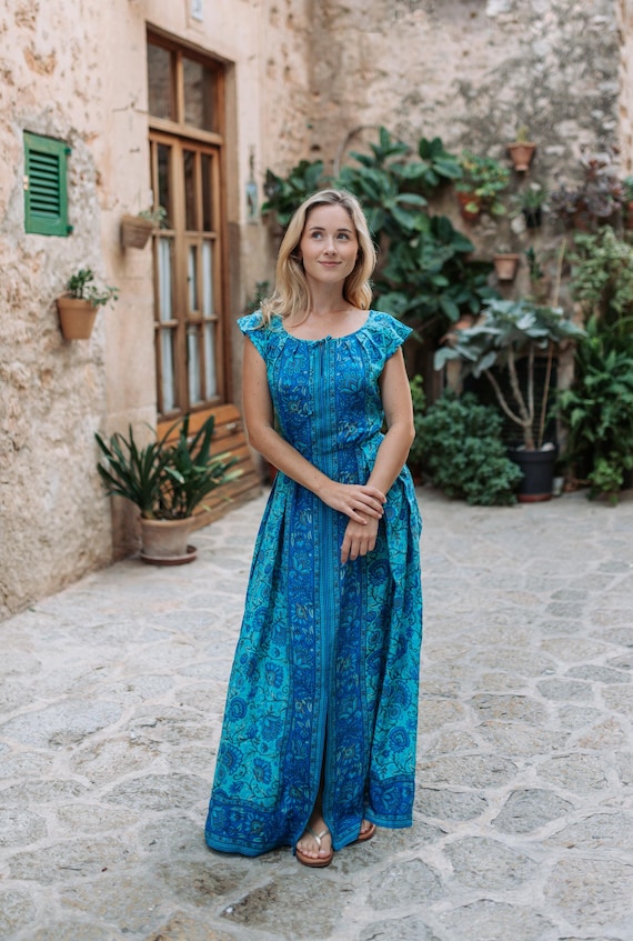 Lagoon-Pure Silk Dress,Full Length,Bohemian,Casual,Occasional,Floral,Crepe de Chine,Handmade,Ethical Fashion,Unique,Summer,Turquoise
