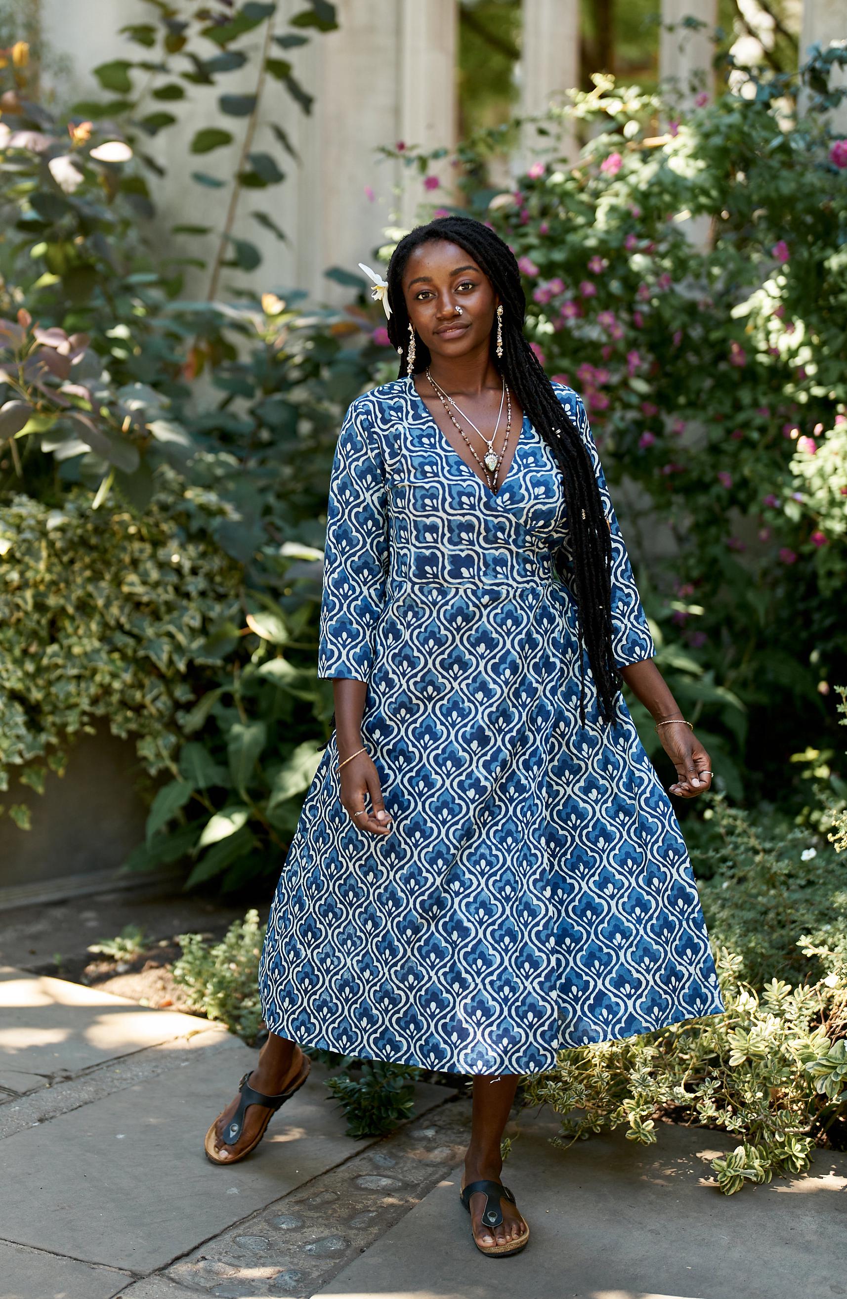 New Tiara-wrap Dress,hand Block Printed,bohemian,indigo Blue New Tiara-wrap Dress,hand Block Printed,bohemian,indigo Blue