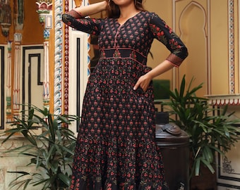 New Mirana Dress,Pure Cotton,Hand Block Printed,Bohemian,Casual-Occasional,Holiday,Spring,Summer,Black,Pink,Handmade,Ethical Fashion