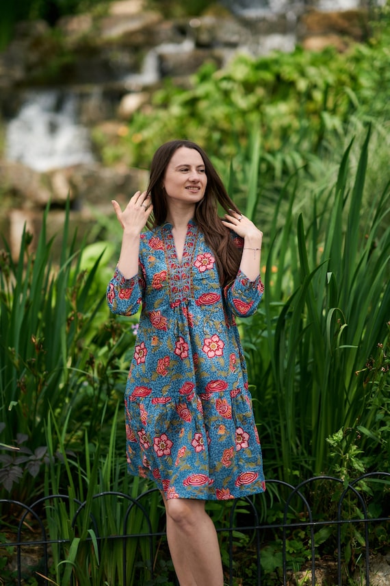 New Japanese Garden-Bohemian Dress,Hand Block Printed Cotton,Casual,Occasional,Pure Cotton,Handcrafted,Ethical Fashion,Floral,Blue,Red