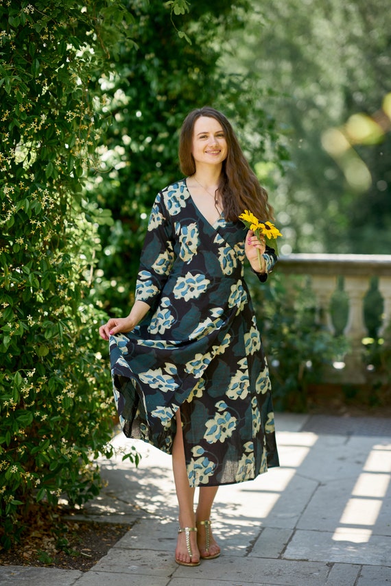 New Cassia-Wrap Dress New Cassia-wrap Dress,hand Block Printed,bohemian,blue,white,casual ,occasional,floral,pure Cotton,ethical Fashion,adjustable Waist - Etsy