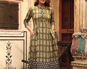 Linden-Dress,A-line,Calf Length,Bohemian,Holiday,Pure Cotton,Hand Block Printed,Black,Green,Handmade,Ethical Fashion,Spring-Summer-Autumn