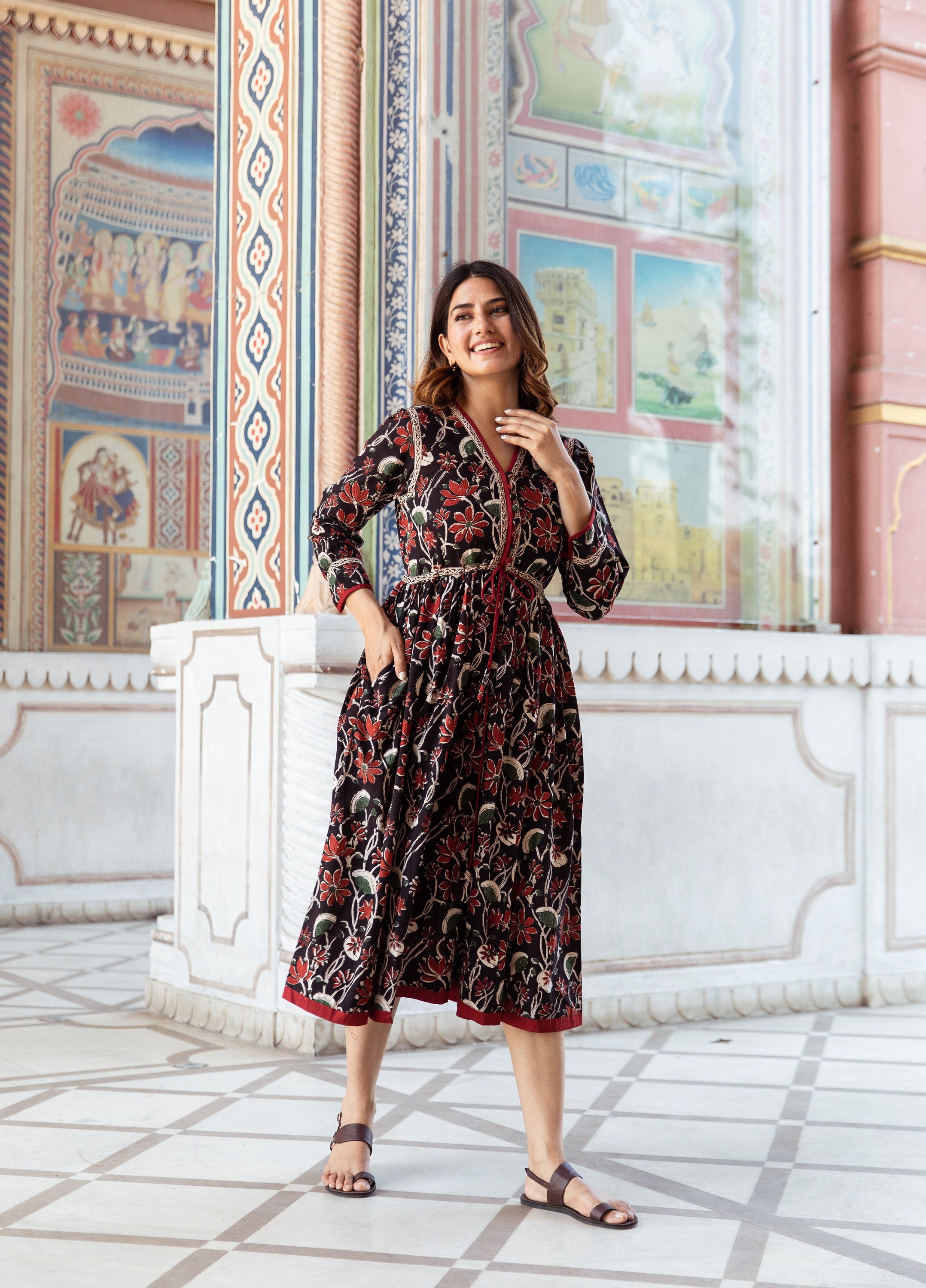 New Divya-bohemian Midi Dress,hand Block Printed Cotton,casual
