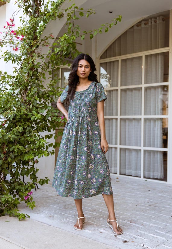 ethical blue midi dress New Moonflower-Bohemian Dress,Hand Block Printed  Cotton,Casual,Occasional,Pure Cotton,Handcrafted,Ethical  Fashion,Floral,Green,Blue,Lilac