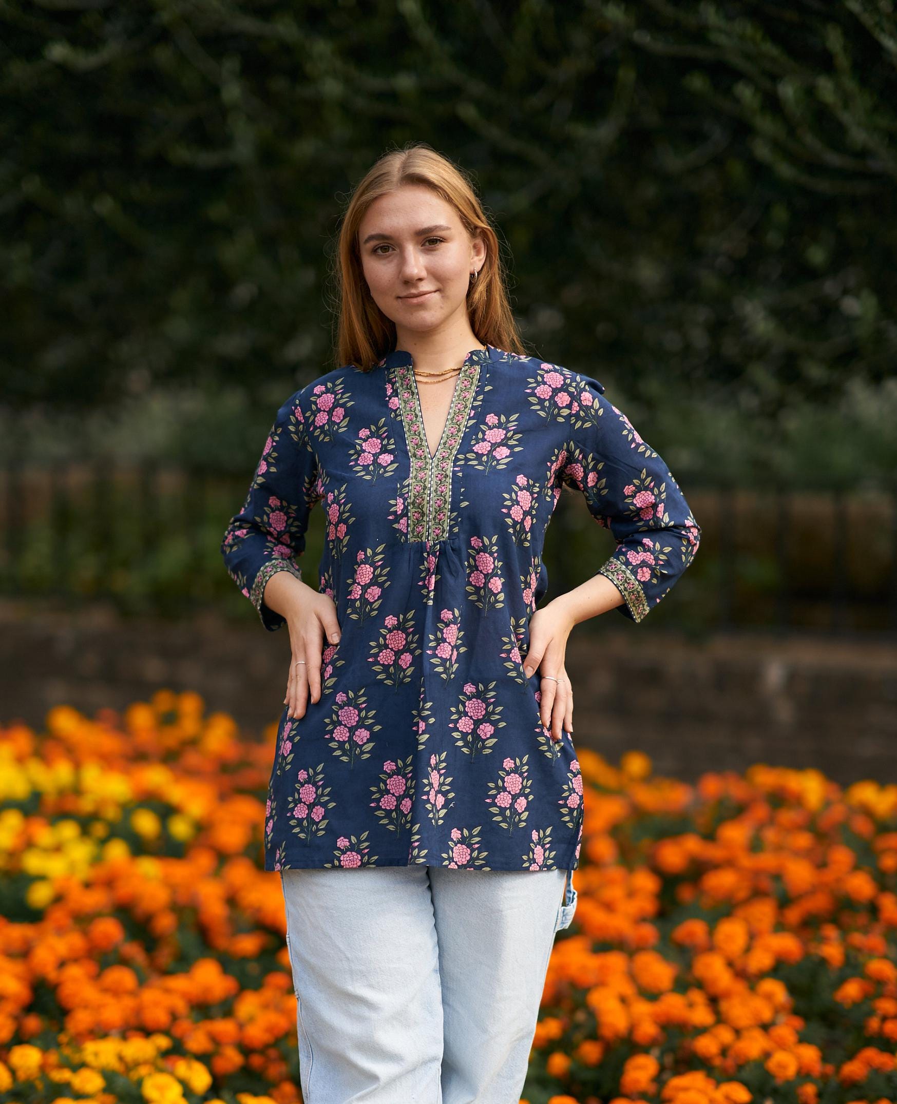 New Indian Rose Tunic Shirt,pure Cotton,hand Block Printed,holiday