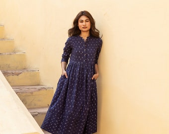 New Nimue Dress,Pure Cotton,Handloom,Ikat,Bohemian,Casual-Occasional,Holiday,Summer,Blue,White,Handcrafted,Ethical Fashion