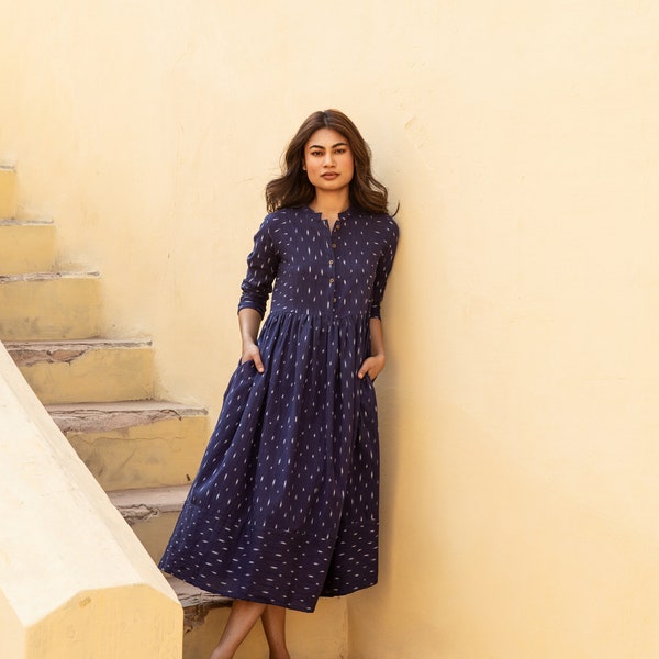 New Nimue Dress,Pure Cotton,Handloom,Ikat,Bohemian,Casual-Occasional,Holiday,Summer,Blue,White,Handcrafted,Ethical Fashion