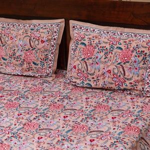 Mirai - Jaipuri Hand Block Printed Cotton Bed Cover with Two Pillow Cases,Flat Sheet,King Size,Floral,Ethically Made,Handcrafted