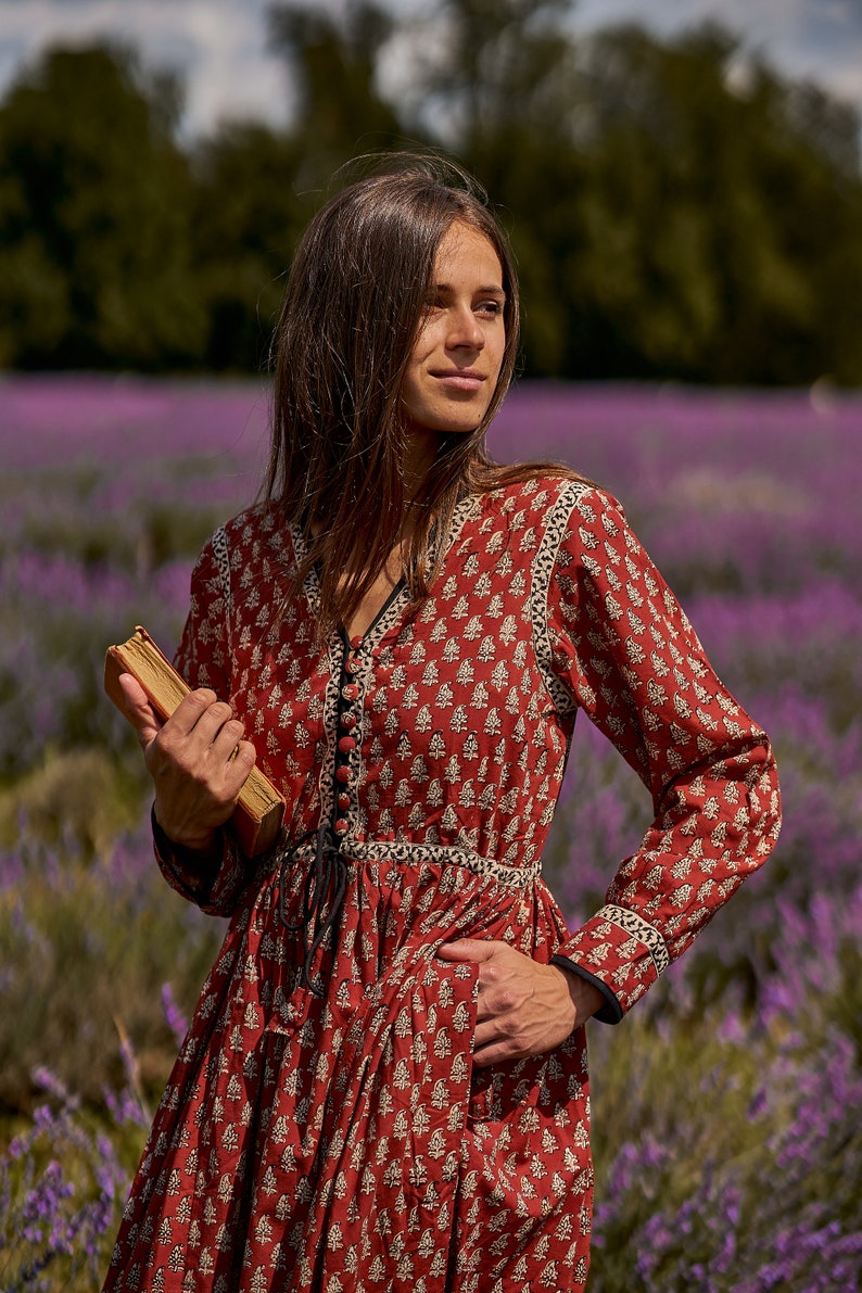 New Katie-Bohemian Midi Dress,Hand Block Printed Cotton,Casual,Occasional,Pure Cotton,Handcrafted,Ethical Fashion,Floral,Black,Cream,Red image 2