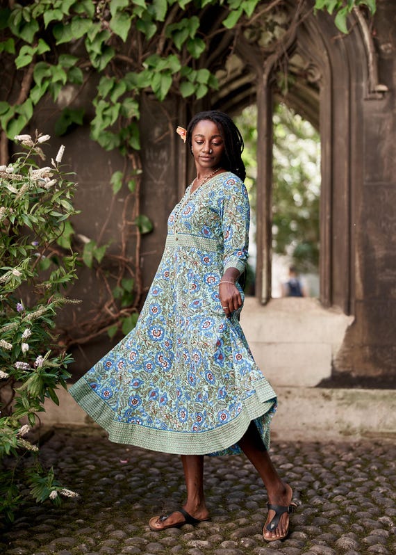 New Skye - Hand Block Printed Bohemian Dress,pure Cotton,casual