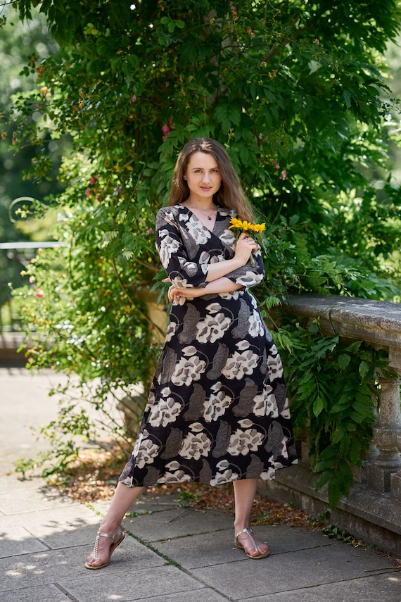 New Cassia-Wrap Dress New Cassia-wrap Dress,hand Block Printed,bohemian,black,grey,casual ,occasional,floral,pure Cotton,ethical Fashion,adjustable Waist - Etsy