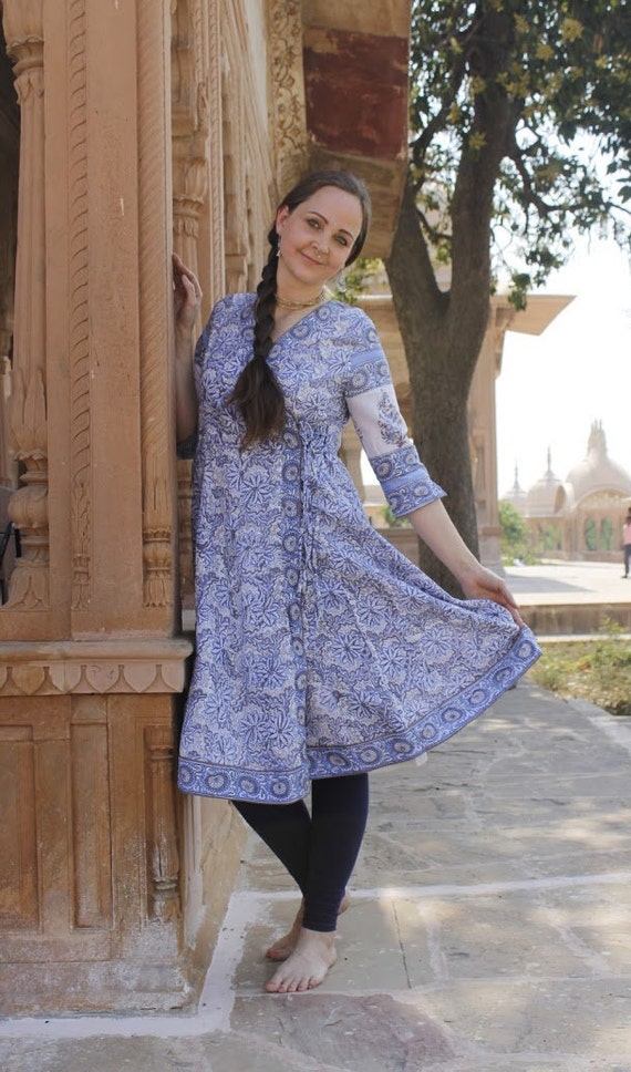 Aruna-anarkali Dress,hand Block Printed,bohemian,blue,grey,white,wrap Dress,casual,occasional,floral,pure  Cotton,handcrafted,ethical Fashion - Etsy