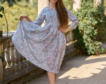 Buy New Sakura-bohemian Dress,hand Screen Printed Cotton,casual