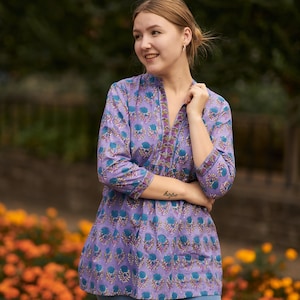 New Amethyst Tunic Shirt,Pure Cotton,Hand Block Printed,Holiday,Casual,Purple,Blue,Bohemian,Floral,Ethical Fashion,Handcrafted,Summer