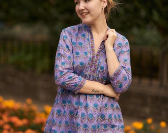 New Amethyst Tunic Shirt,Pure Cotton,Hand Block Printed,Holiday,Casual,Purple,Blue,Bohemian,Floral,Ethical Fashion,Handcrafted,Summer