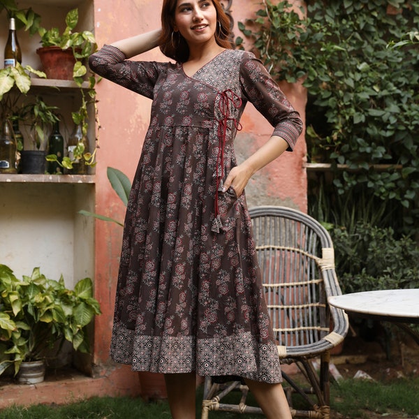 New Gaia - Hand Block Printed Anarkali Wrap Front Dress,Pure Cotton,Bohemian,Casual,Occasional,Ethical Fashion,Handmade,Brown,Maroon