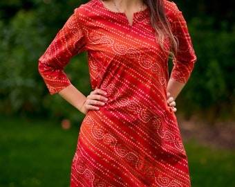New Jaipur Tunic-Top,Pure Cotton,Hand Block Printed,Holiday,Casual,Red,White,Gold,Bohemian,Kurti,Ethical Fashion,Handcrafted,Summer
