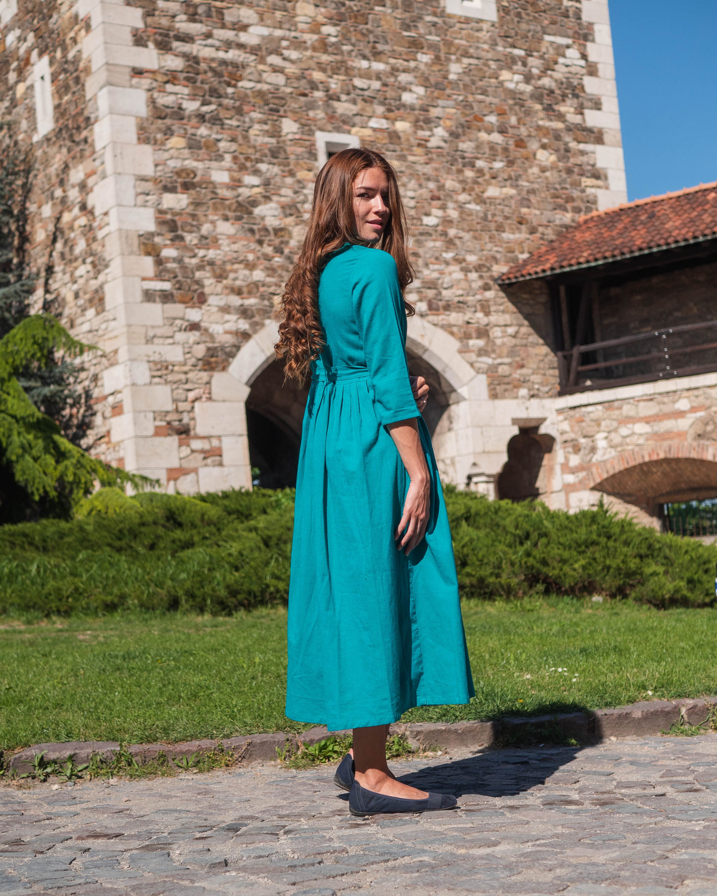 Sofia/turquoise Button Down Dress,pure Cotton,bohemian