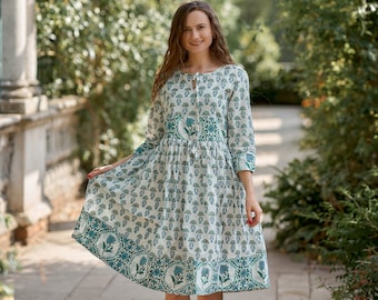 New Amrita tunic Dress pure Cotton hand Block Printed bohemian casual occasional holiday summer white blue handcrafted ethical Fashion Etsy