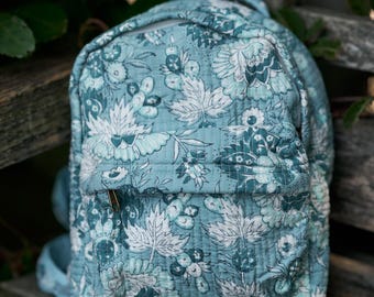 New Amala Hand Block Printed Mini Backpack,Quilted,Floral,Pure Cotton,Bohemian,Blue,White,Handmade,Ethical Fashion,Limited Edition
