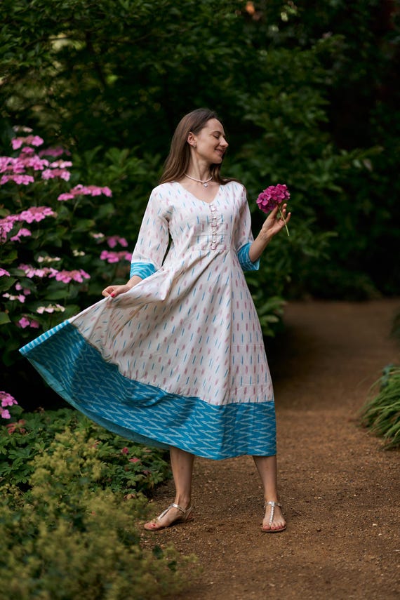 calf length cotton dresses Women cotton botanical print calf length tiered dress