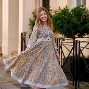 Neue Mimosa Kleid, reine Baumwolle, Handblock Gedruckt, Boho, Casual-Occasional, Urlaub, Sommer, Gelb, Weiß, Grau, Handgefertigt, Ethische Mode