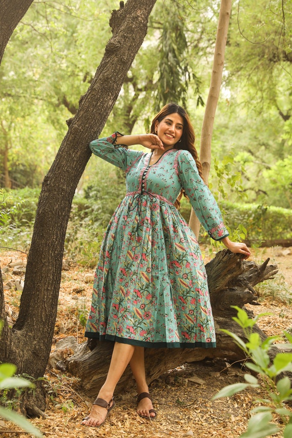 let me be printed boho midi dress New Mimi - Hand Block Bohemian Dress,casual,occasional,pure Cotton,handcrafted,ethical Fashion,floral,mint,rose,green,yellow bohemian sensibility to any SID-FD11903P1821 KissProm Long Sleeve V-Neck Color:Blue Combo