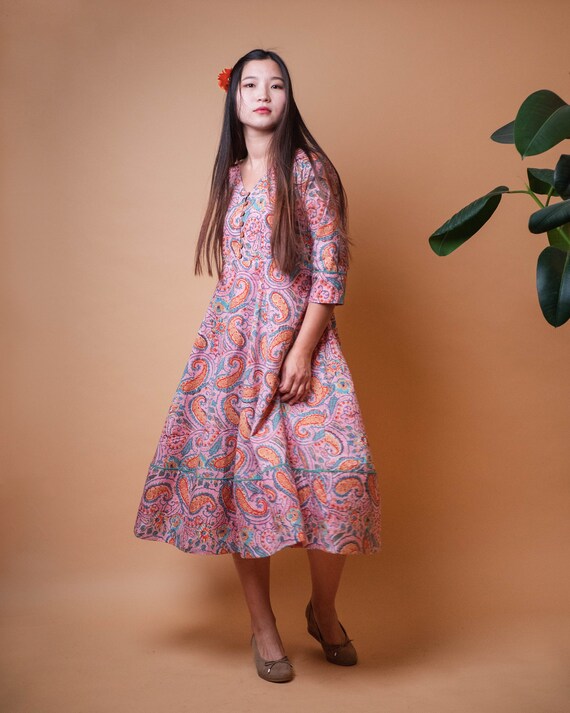 Celeste-Dress,Calf Length,Hand Block Printed,Bohemian,Peachy Rose,Green,Casual,Occasional,Pure Cotton,Handmade,Ethical Fashion,Panelled