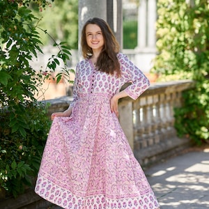 New Kishori Dress,Pure Cotton,Hand Block Printed,Bohemian,Casual-Occasional,Holiday,Summer,White,Purple,Peach,Handcrafted,Ethical Fashion