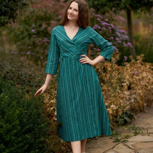 New Adria-Wrap Dress,Hand Block Printed,Bohemian,Turquoise,Casual,Occasional,Striped,Pure Cotton,Ethical Fashion,Adjustable Waist