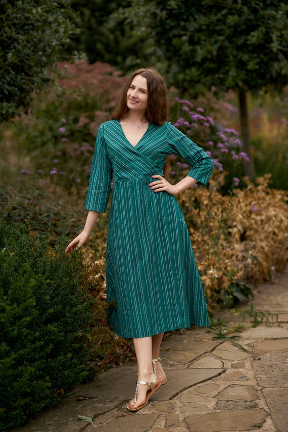 New Adria-Wrap Dress,Hand Block Printed,Bohemian,Turquoise,Casual,Occasional,Striped,Pure Cotton,Ethical Fashion,Adjustable Waist