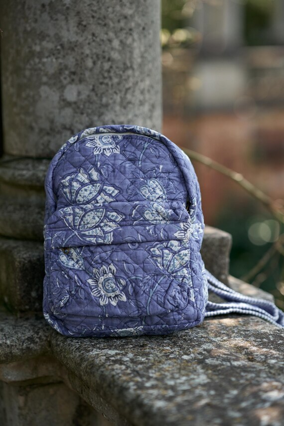 Blue Floral Quilted Mini Backpack Bueno Backpack Purse Small Quilted Blue Floral Close  main image 4