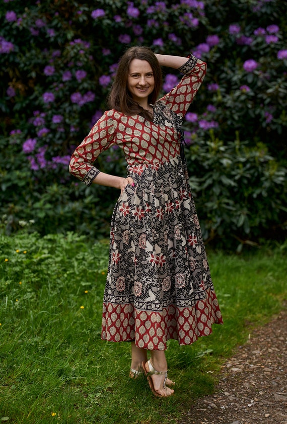 casual anarkali dress New Keshavi Dress,pure Cotton,hand Block Printed,bohemian,black,red,wrap Front Dress,casual,occasional,ethical Fashion,handcrafted 6-Drawer Wide Modern Wooden adult-muslim-dress Anarkali kurtis It celebrates the beauty Color:Heavenly Blooms