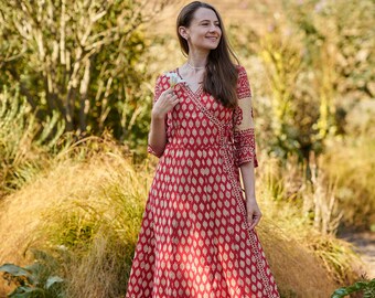 New Sita-Anarkali Dress,Hand Block Printed,Bohemian,Red,Cream,Wrap Dress,Casual,Occasional,Floral,Pure Cotton,Ethical Fashion