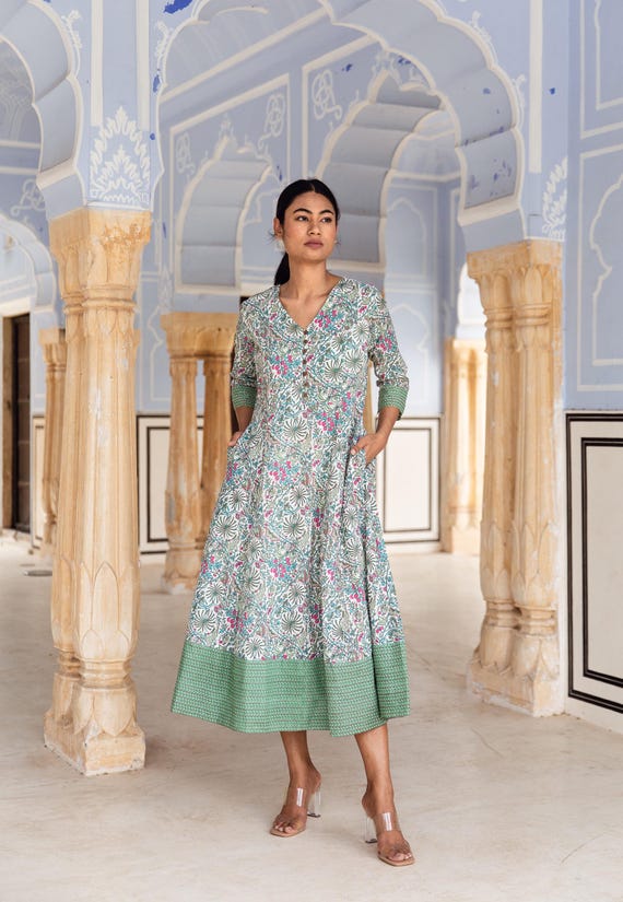 garden casual dress Botanical Garden-dress,calf Length,hand Block Printed,bohemian,floral,blue,pink,casual,occasional,handmade,ethical Fashion,panelled garden party chic dress code MINKPINK | Tribal Print Marques flattering silhouette Size:Juniors/Women L