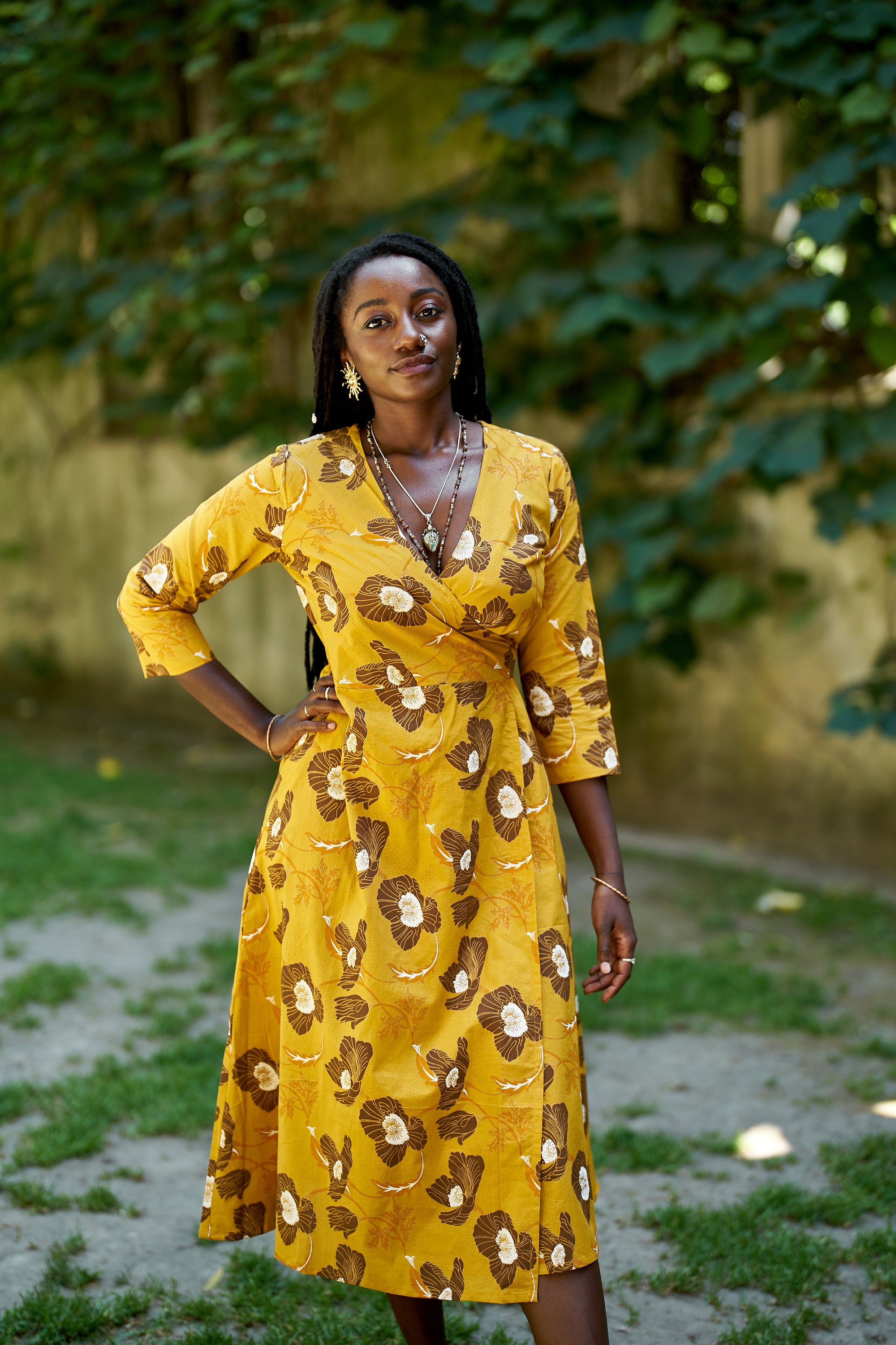 New Marigold-wrap Dress,hand Block Printed,bohemian,yellow,brown,casual,occasional,floral,pure Cotton,ethical Fashion,adjustable Waist