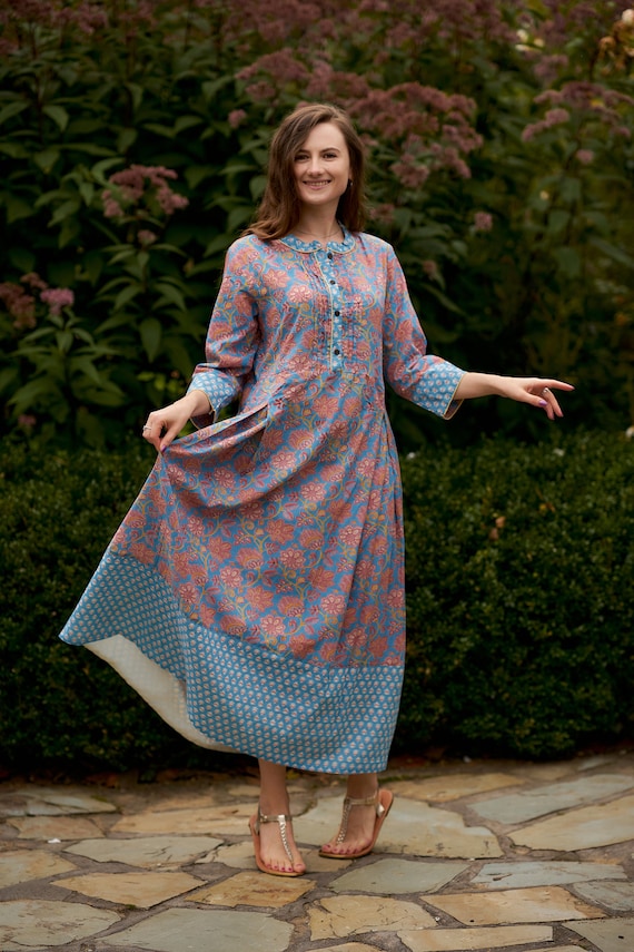 Lucy-Dress,A-Line,Calf Length,Bohemian,Holiday,Pure Cotton,Hand Block Printed,Blue,Peach,Handmade,Ethical Fashion,Spring-Summer-Autumn
