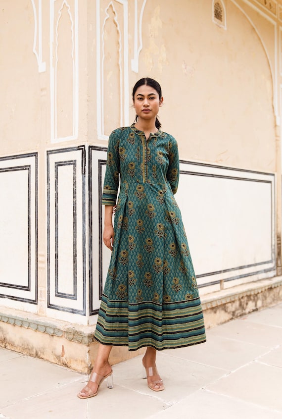 Samah - Hand Block Printed Bohemian Dress,calf Length,holiday,pure Cotton,a-line,handmade,ethical Fashion,summer,autumn,green,teal,brown