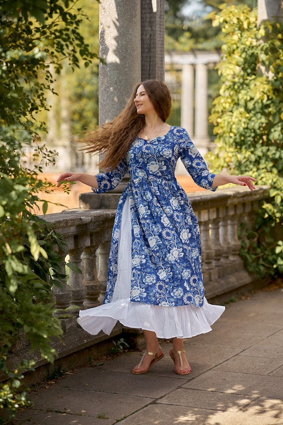 New Kanana Bohemian Dress Hand Block Printed Cotton Casual Occasional Pure Cotton Handcrafted Ethical Fashion Floral Blue White