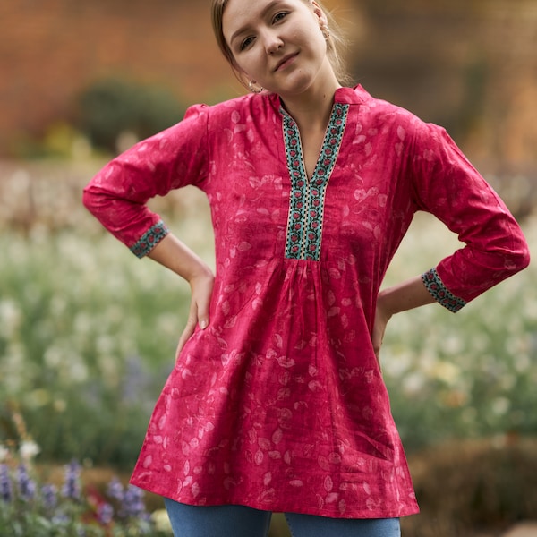 New Linnea Tunic Shirt,Pure Cotton,Hand Block Printed,Holiday,Casual,Hot Pink,Bohemian,Floral,Ethical Fashion,Handcrafted,Summer