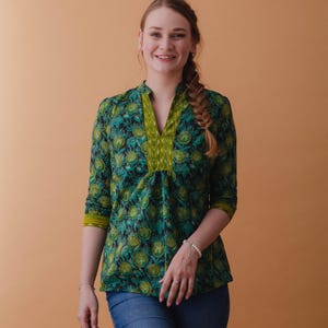New Dawn チュニックシャツ、ピュアコットン、ハンドブロックプリント、ホリデー、カジュアル、ブラック、グリーン、ボヘミアン、花柄、倫理的ファッション、手作り、夏