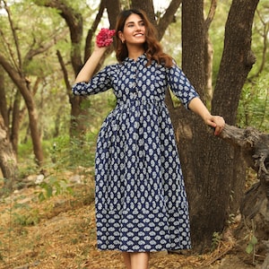 New Varsana Dress,Pure Cotton,Hand Block Printed,Bohemian,Casual-Occasional,Holiday,Summer,Blue,White,Handcrafted,Ethical Fashion