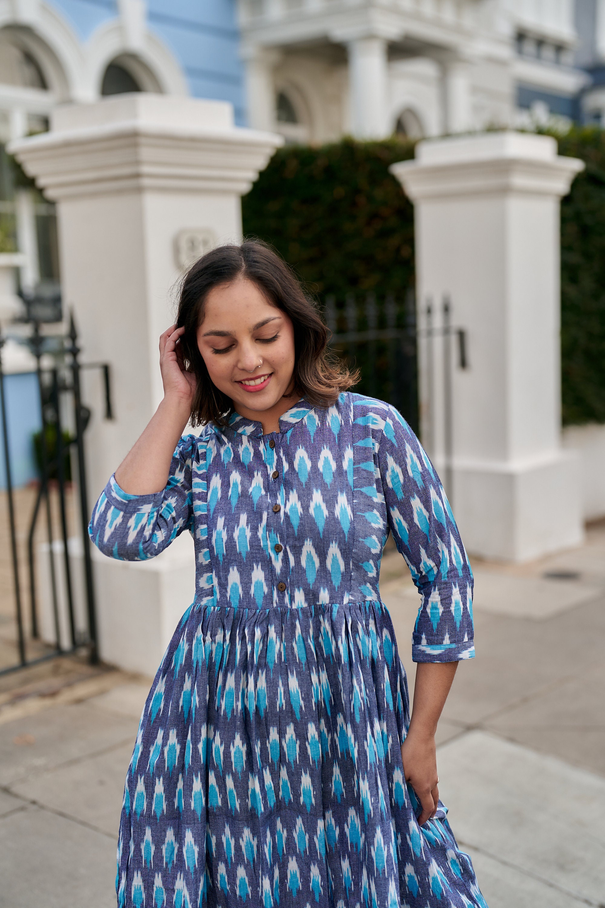 New Varuni Dress,Pure Cotton,Handloom,Ikat,Bohemian,Casual-Occasional,Holiday,Summer,Blue,Handcrafted,Ethical Fashion