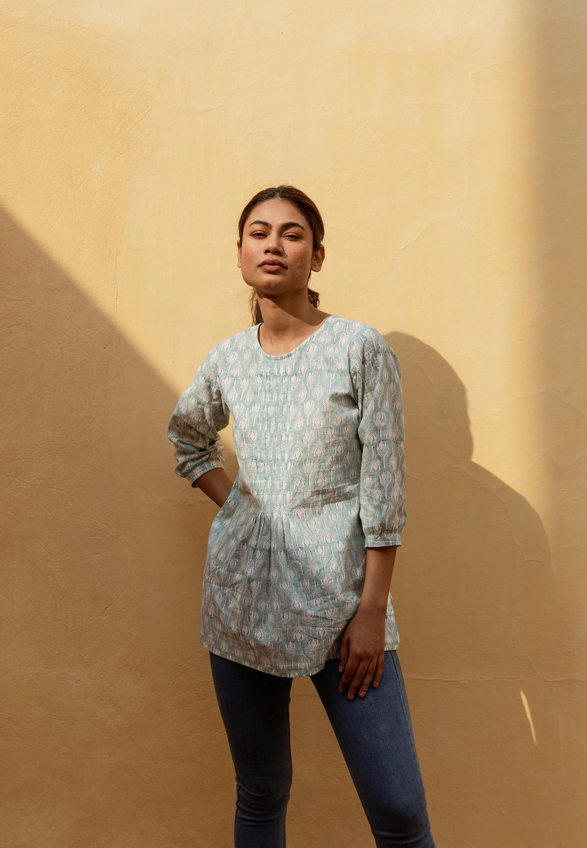 New Seina Tunic Shirt,Pure Cotton,Hand Block Printed,Holiday,Casual,Blue,White,Bohemian,Kurti,Ethical Fashion,Handcrafted,Summer